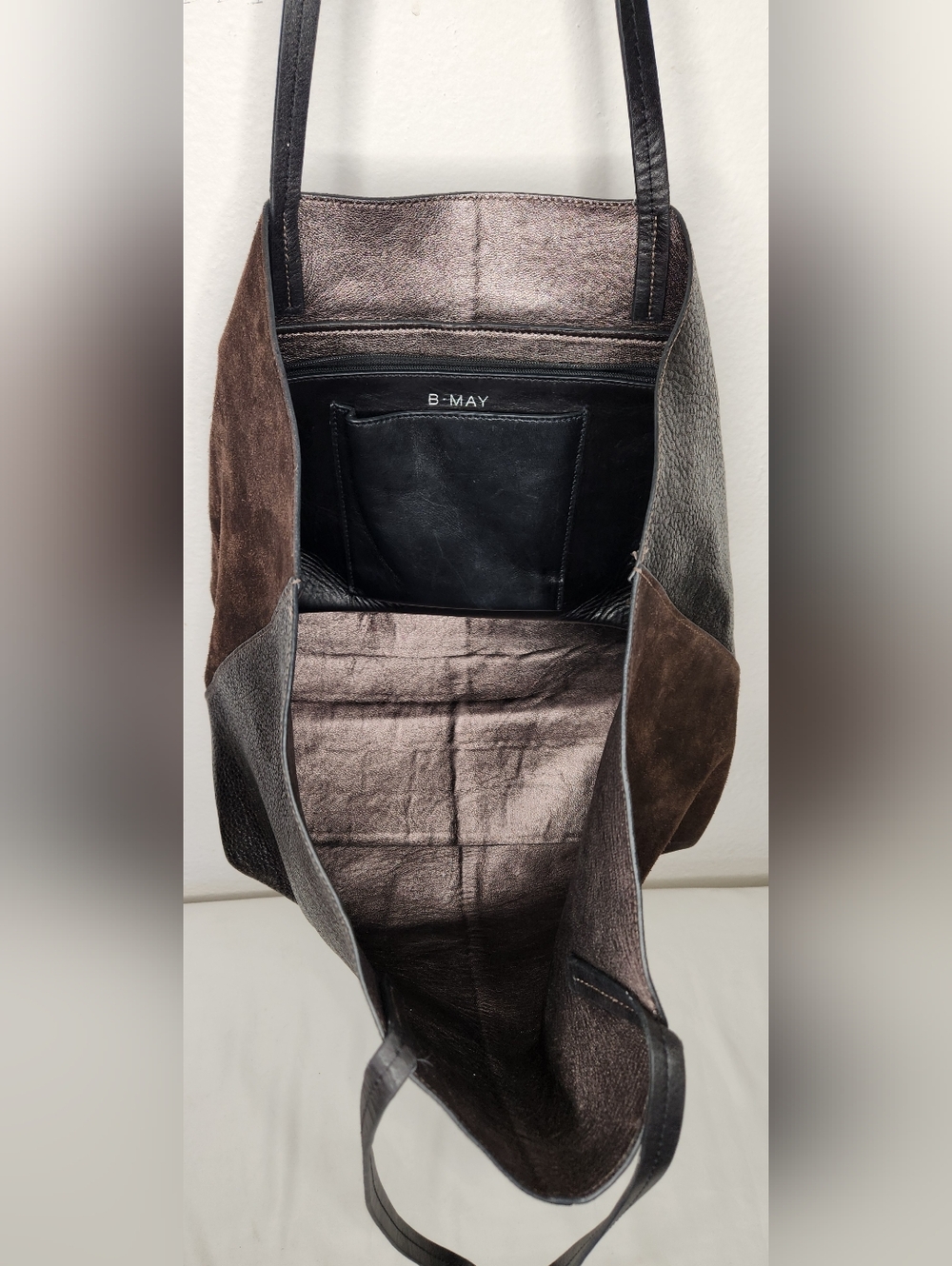 B May Leather Suede Tote Bag Shoulder Bag Two Tone Textured Designer Brown Purse - Picture 6 of 16